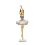 Kép 1/4 - Lábújhegyen nyújtózkodó balerina, rózsaszín-ezüst tüll ruhában, fehér kerek csillogó talpazaton