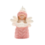Kép 1/3 - Kisméretű kislány angyalka gyertya rózsaszín ruhában, hógolyót tartva a kezében