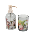 Kép 1/3 - 2 db-os üveg fürdőszoba szett füstös átlátszó üvegből, fehér-rózsaszín rózsákkal