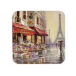 Kép 1/2 - Poháralátét párizsi esős életképpel az Eiffel-torony lábánál, virábolttal, szerelmes párral esernyő alatt