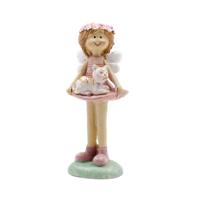 Kislany angyal szarnyakkal polyresin figura arany feher csikos cicaval a szonyajan
