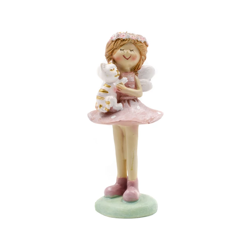 Kislany angyal szarnyakkal polyresin figura arany feher csikos cicaval az oleben