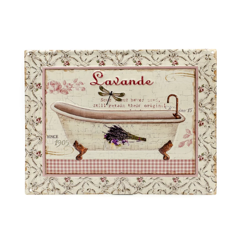 Retro furdokad levendulacsokorral az oldalan, szitakotovel, dombonyomott fem fali tablan, 33x25x1 cm