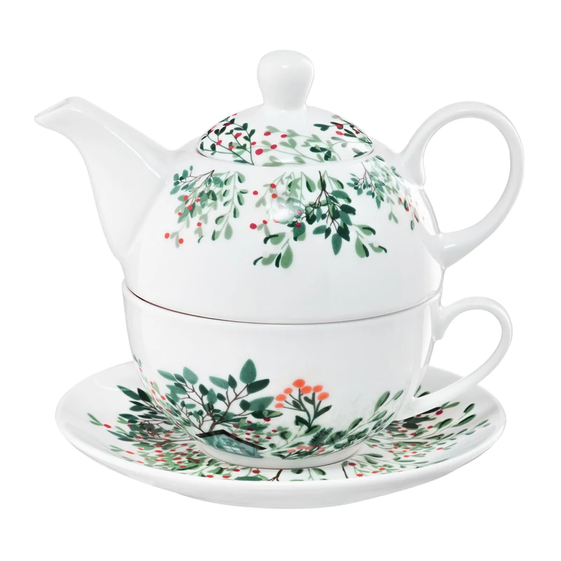 2 db-os csipkebogyos porcelan teas szett csesze+tanyer, hozza kiontovel
