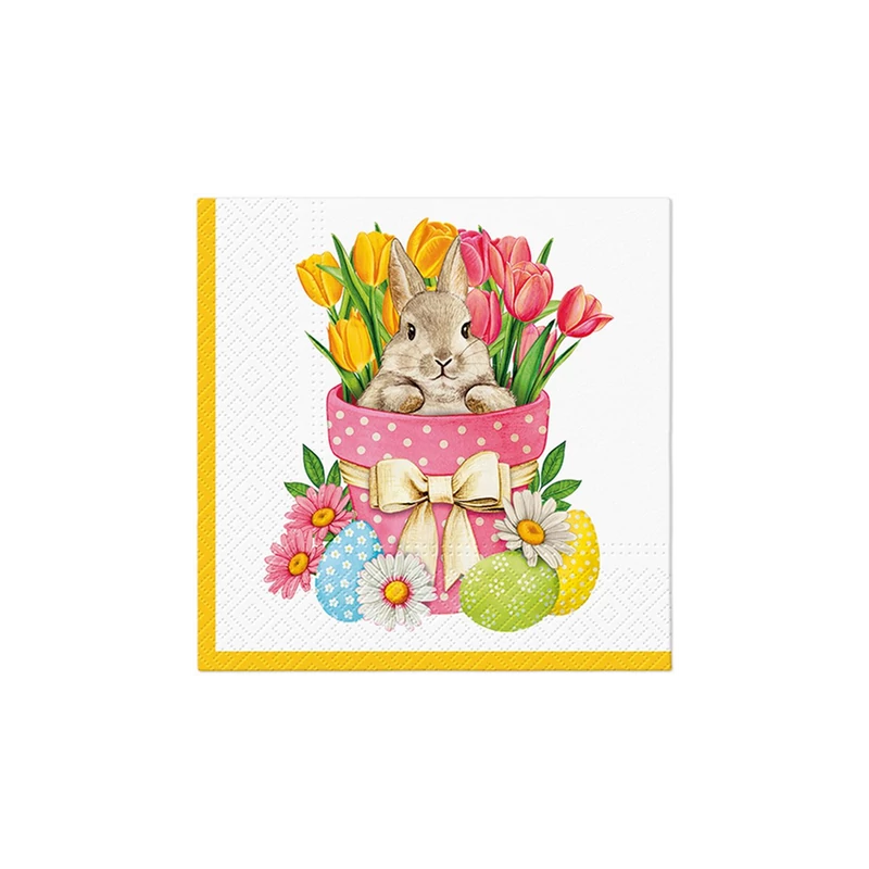 Kedves nyuszi rozsaszin feher pottyos kaspoban tulipanokkal papirszalveta, 33x33 cm