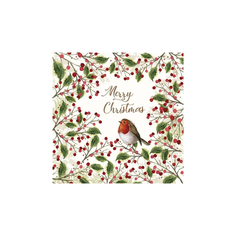 Csipkebogyóval diszitett papirszalveta kozepen madrakaval, Merry Christmas felirattal, 33x33 cm