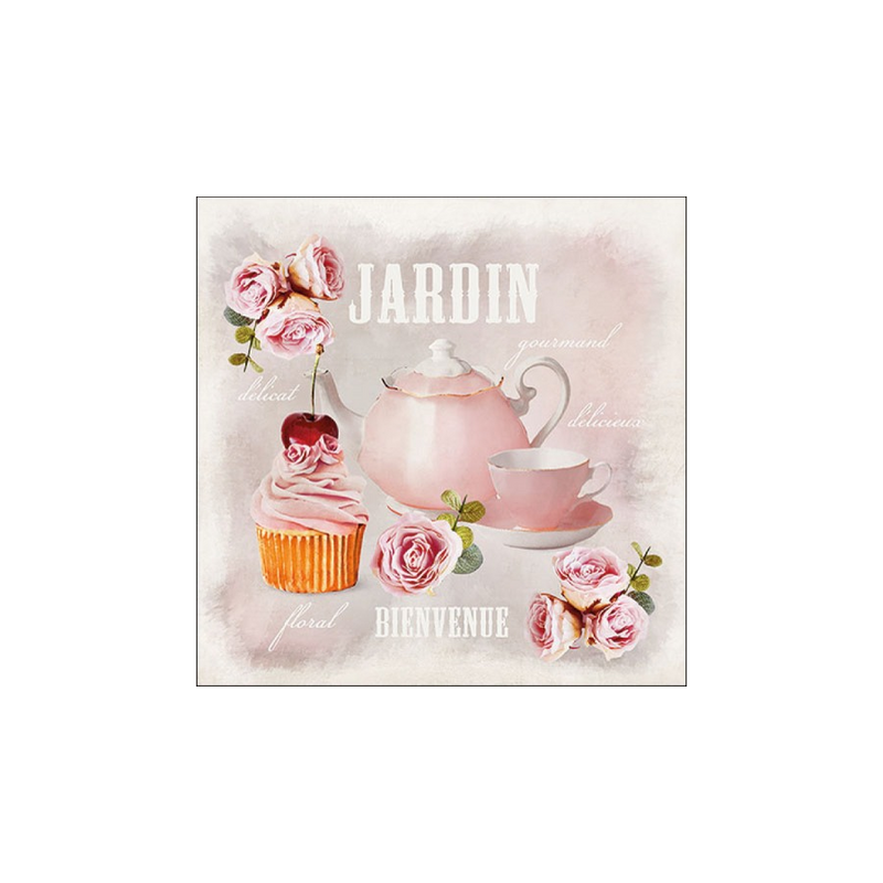 Rozsaszin teaskeszlet muffin es rozsak kisereteben papirszalvetan, 33x33 cm