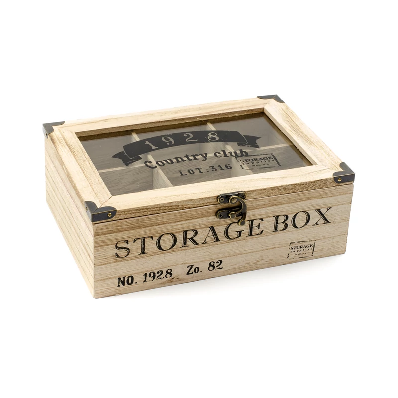 Natur fa teafilter tarto Storage Boksz felirattal, retro stilusban, uveg tetovel, 6 rekeszes