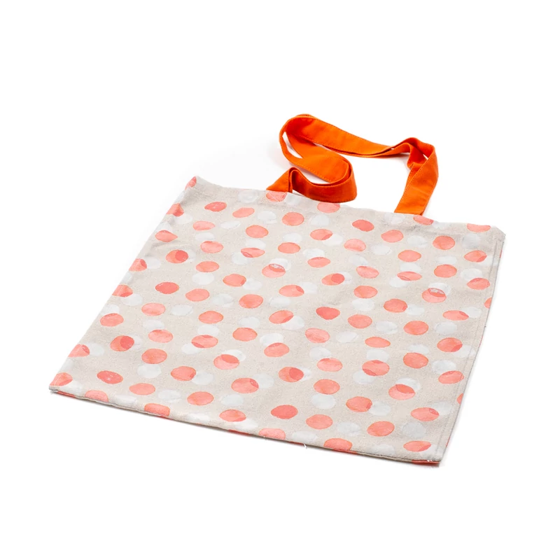 Nagymeretu textil bevasarlotaska narancssarga es feher potyokkel, hosszu narancssarga fullel, 40x38 cm