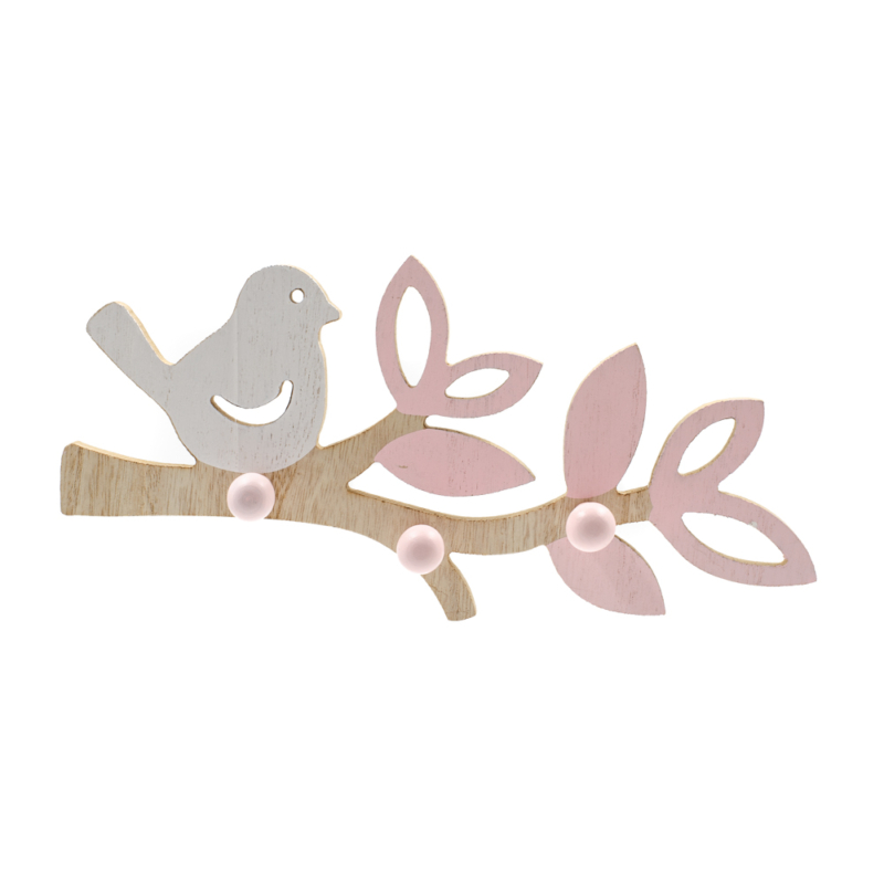 Fa madárkás fali akasztó fehér madárkával, rózsaszín levelekkel