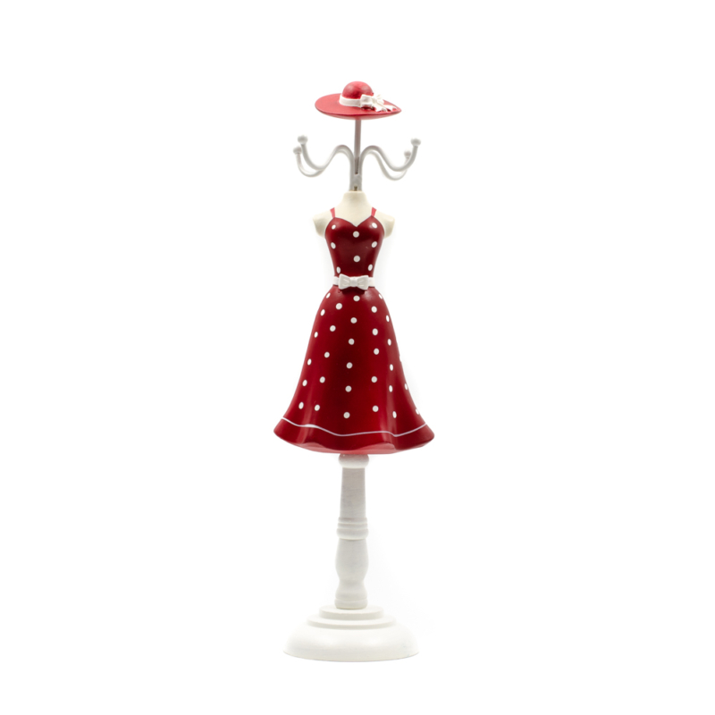 Fa akasztós ékszertartó piros fehér pöttyös női ruhában, kalappal