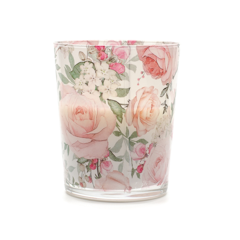 Rózsa illatú gyertya rózsaszín rózsás üvegben
