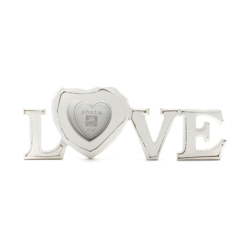 Fehér állítható LOVE felirat, az O betű helyén szív alakú képkerettel