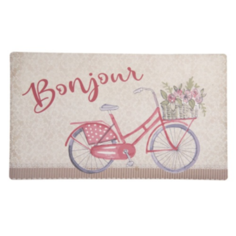 Piros biciklis előszoba belépő Bonjour felirattal