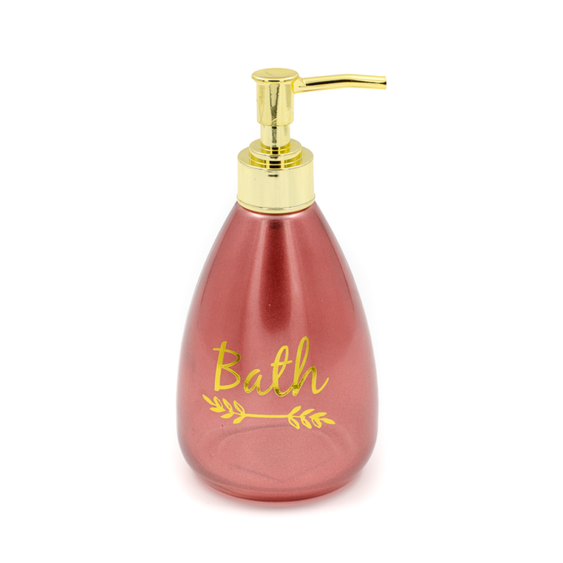 Sötét rózsaszín folyékony szappanadagoló arany 'Bath' felirattal