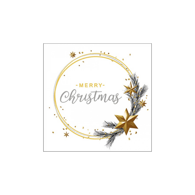 Merry Christmas felirat arany csillagokkal diszitve, feher alapon