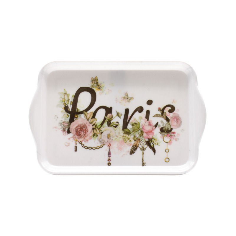 Kicsi műanyag kínáló tálca Paris felirattal, rózsákkal, pillangókkal