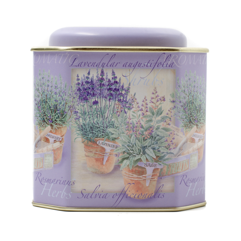 Konyhai fémdoboz szögletes tároló, lila alapon fűszernövényekkel, levendulával