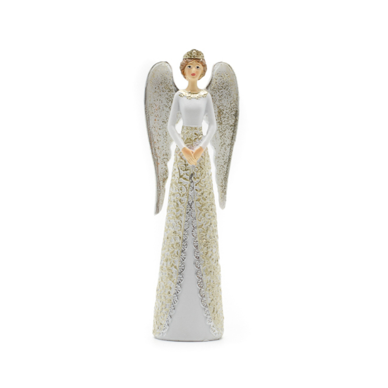 Hófehér feltűzött hajú angyal ezüst csipkedíszitéssel, hullámos szárnyakkal