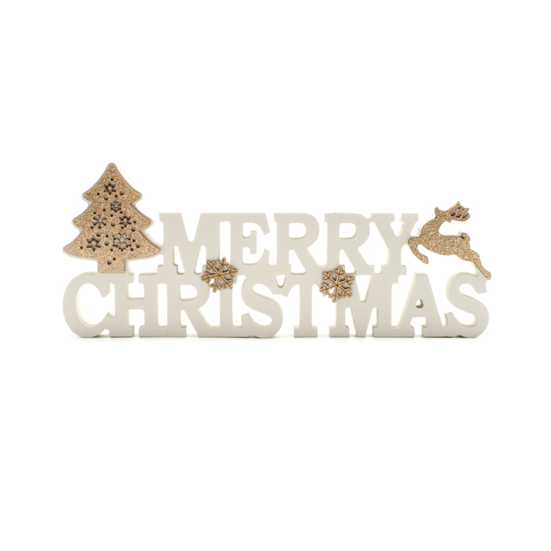 Hófehér 'Merry Christmas' álló felirat arany fenyőfa, rénszarvas és csillag dekorral