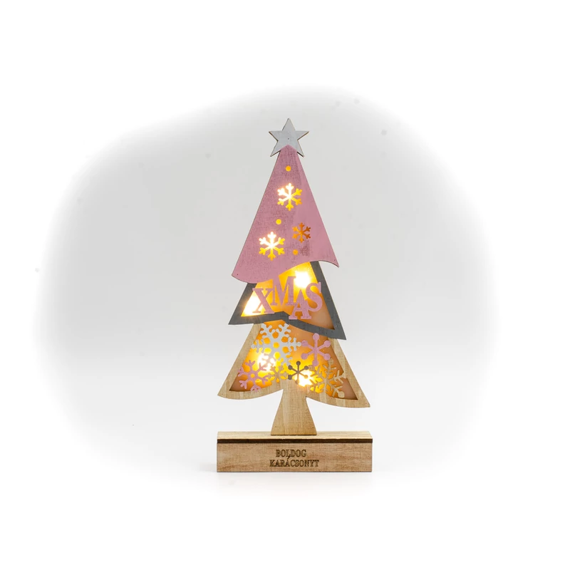Rozsaszin XMAS feliratu LED-es karacsonyfa fabol