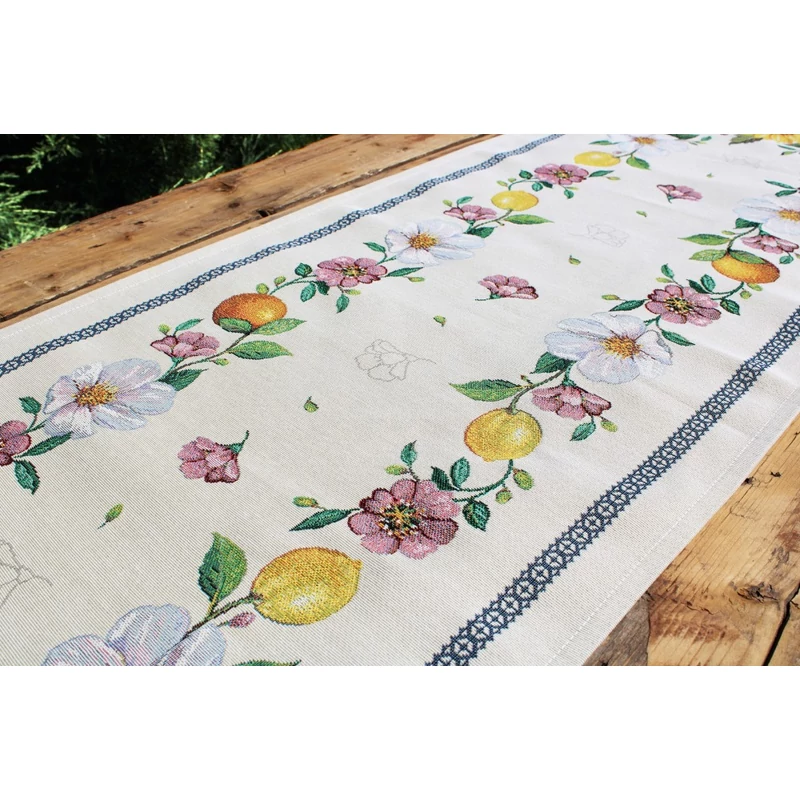 Napraforgos citromos gobelin futo feher es lila viragokkal, 37x100 cm