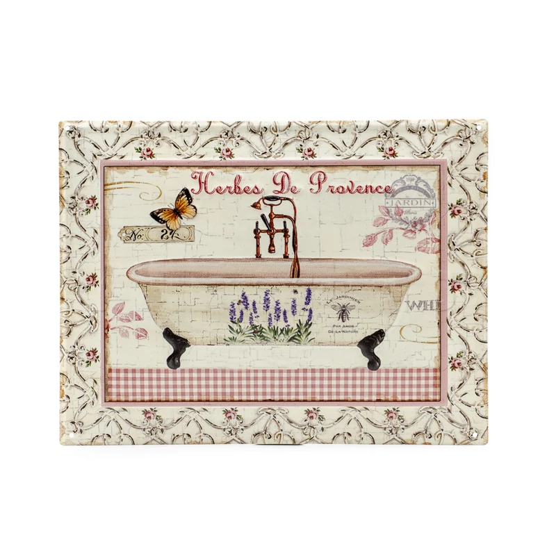 Retro furdokad levendulaval az oldalan, pillangoval, dombonyomott fem fali tablan, 33x25x1 cm