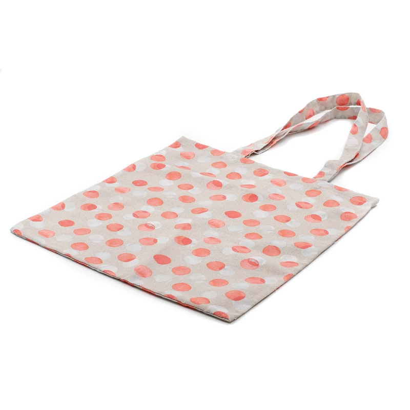 Nagymeretu textil bevasarlotaska narancssarga es feher potyokkel, hosszu fullel, 40x38 cm