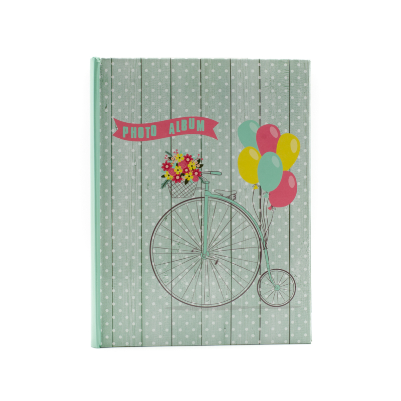 Kek-feher pottyos foroalbum biciklivel, színes lufikkal, viragokkal