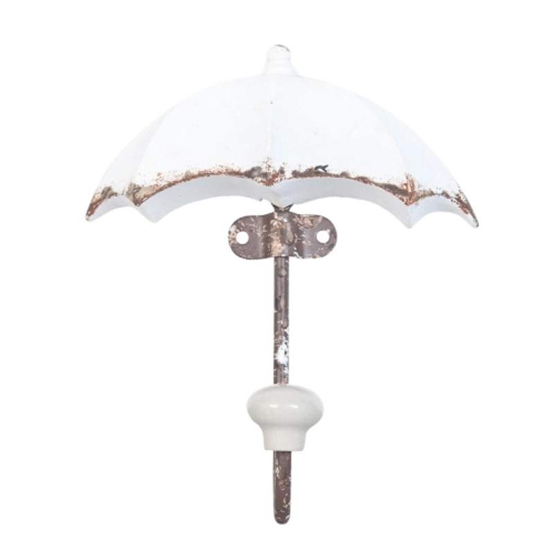 Kisméretű esernyő alakú fogas antikolt fehér fából, vas kampóval