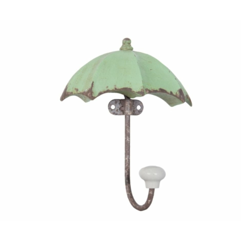 Kisméretű fa esernyő alakú fogas antikolt zöld színben, vas kampóval