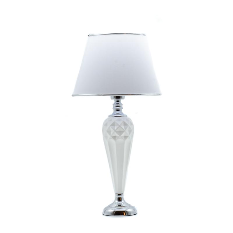 Feher keramia asztali lampa ezust talppal, feher ezust buraval