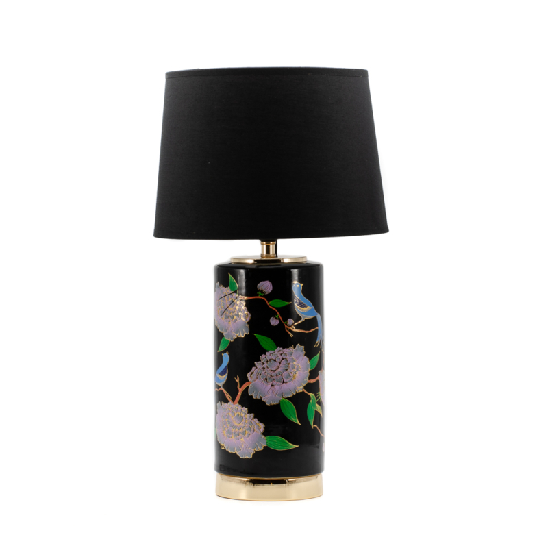 Kek maradaras, rozsaszin viragos fekete asztali lámpa