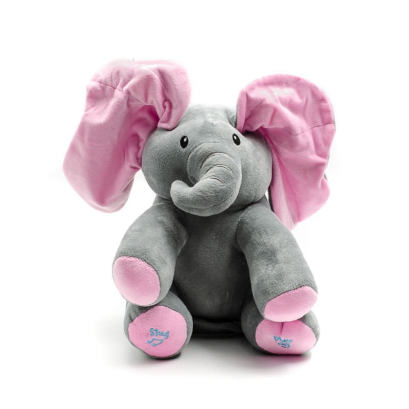 Szürke angolul éneklő plüss elefánt, nagy mozgó rózsaszín fülekkel