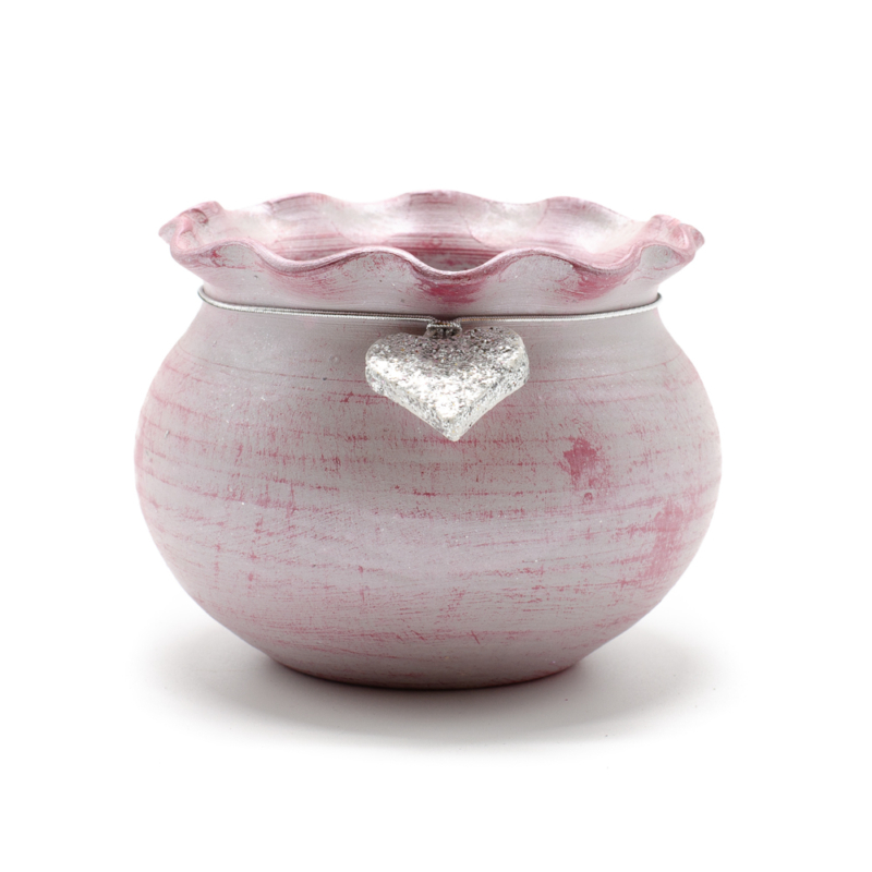 Kézműves kerámia kisméretű kaspó antikolt rózsaszín felülettel, ezüst szívvel a nyaka körül