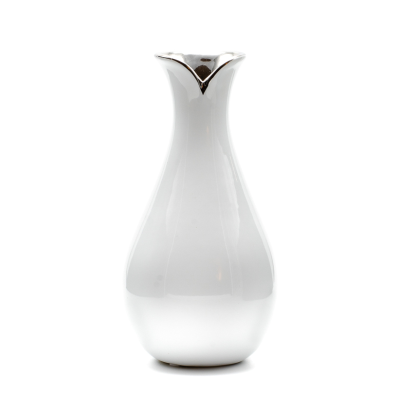 Vékony nyakú ezüst szájú közepes méretű fehér kerámia váza
