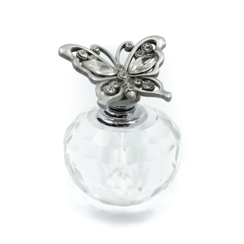 Csillogó kövekkel díszített fém pillangó fejes apró parfümös üveg 