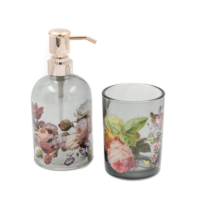 2 db-os üveg fürdőszoba szett füstös átlátszó üvegből, fehér-rózsaszín rózsákkal