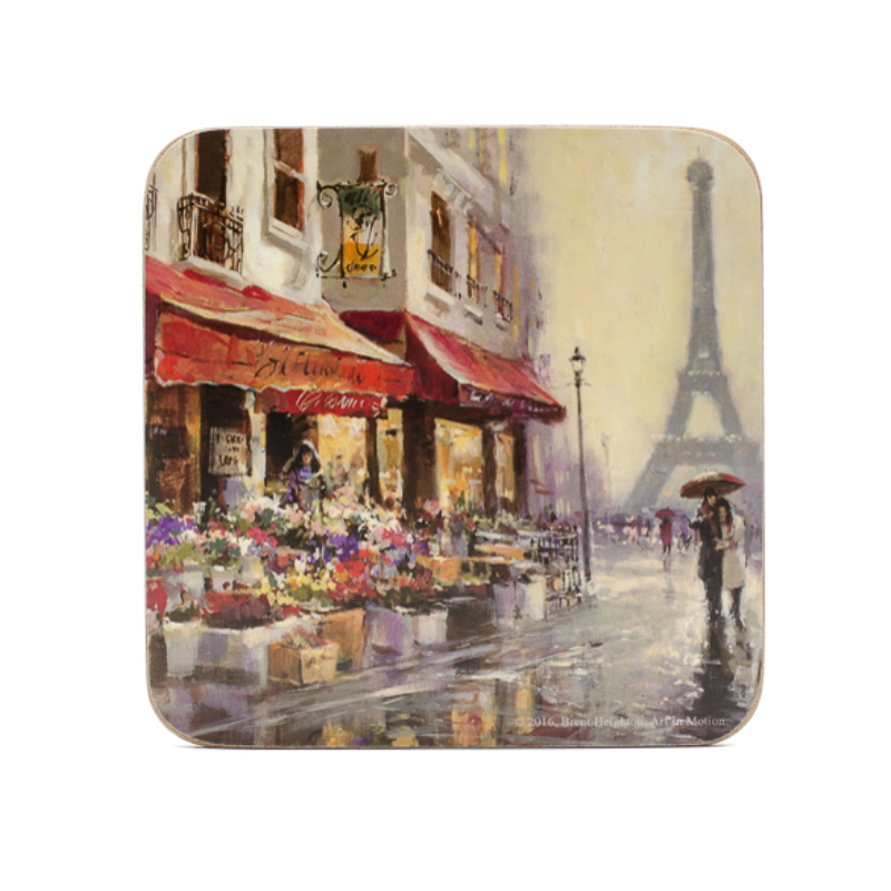 Poháralátét párizsi esős életképpel az Eiffel-torony lábánál, virábolttal, szerelmes párral esernyő alatt