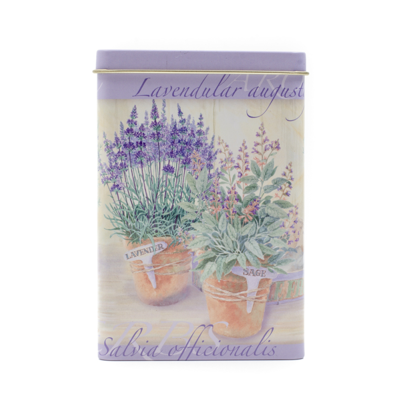 Konyhai kicsi négyszögletes fémdoboz, lila alapon fűszernövényekkel, levendulával