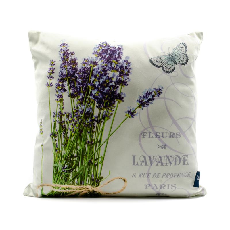 Levendula csokros provence-i közepes méretű díszpárna halványzöld alapon